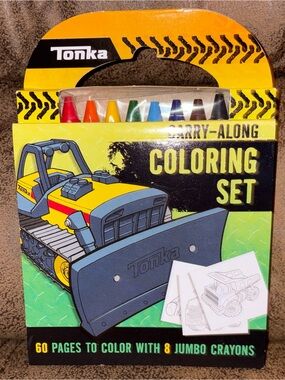 Tonka Kids Carry-Along Coloring Set - 60 Coloring Pages & 8 Crayons - NEW
